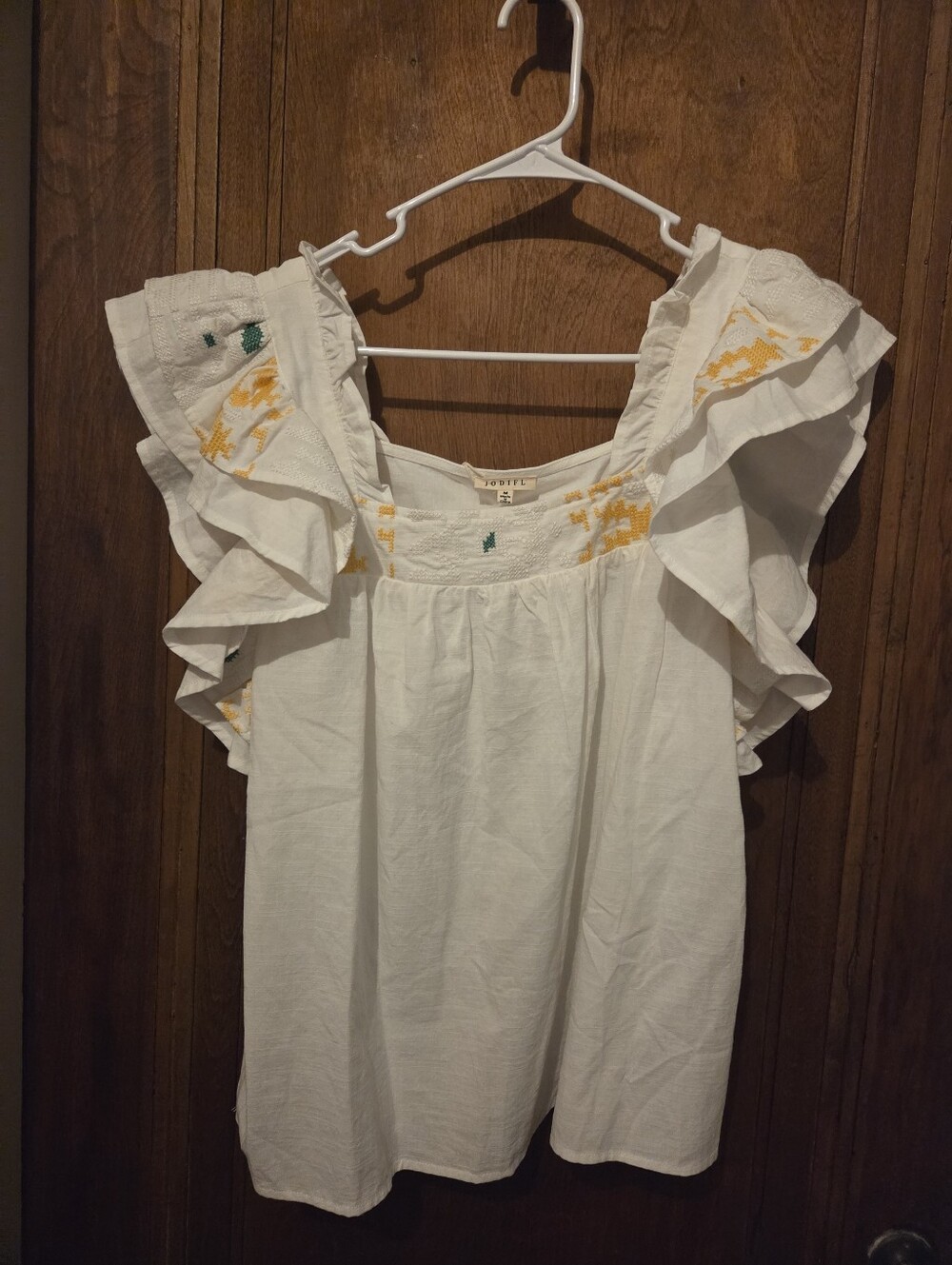 Jodifl White Cotton Ruffle Sleeve Top with Yellow & Green Embroidery